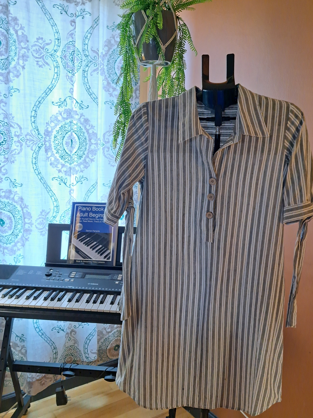 Striped Button-Front Tunic Dress in Gray and White